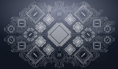 Modern Background with futuristic user interface. Electronic computer hardware technology. Motherboard digital chip. Integrated communication processor. Information engineering component.