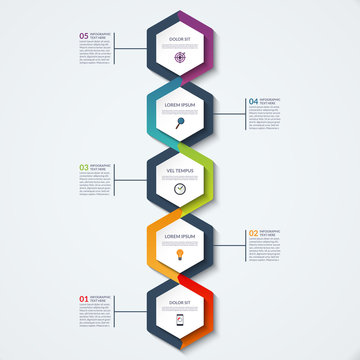 Infographic template of hexagonal elements. Vertical timeline concept with 5 options, steps, parts, segments. Vector banner for web, workflow layout, diagram, chart, annual report