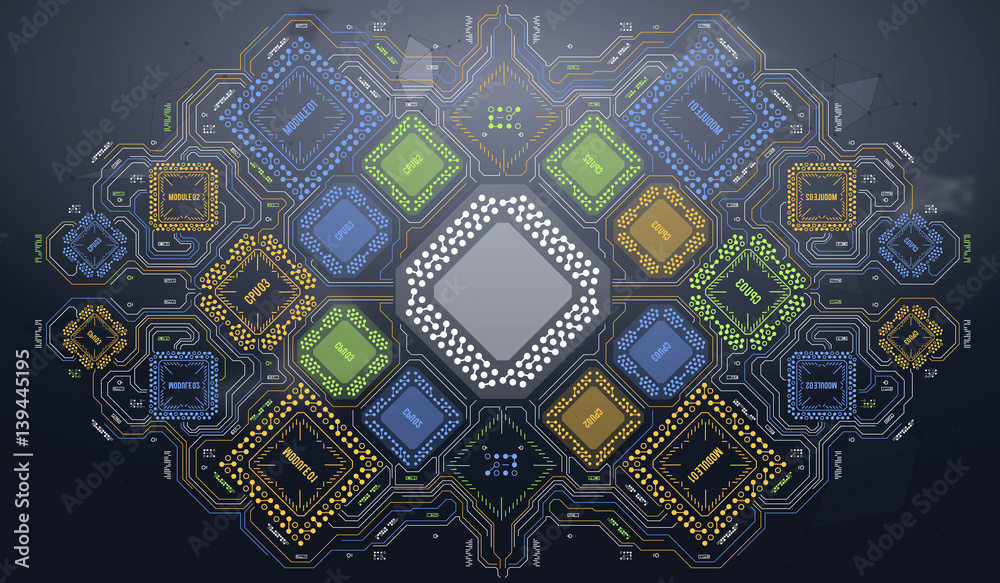 Poster modern background with futuristic user interface. electronic computer hardware technology. motherboa