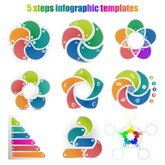 Set of different circle infographic templates 5 steps. Colorful parts and business icons. For presentation and design concept. Vector illustration.