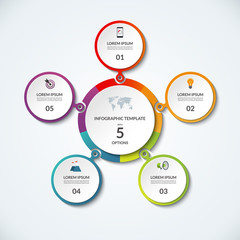 Infographic banner with 5 options. Circular template that can be used as round chart, cycle diagram, graph, workflow layout