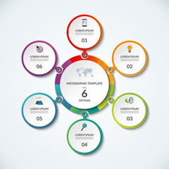 Infographic banner with 6 options. Circular template that can be used as round chart, cycle diagram, graph, workflow layout