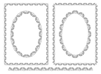 Decorative frames with leaves and line for borders. Rectangle and oval shape. Vector illustration.