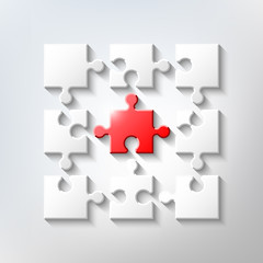 Puzzle pieces are assembled in the square. 1 red exception piece in a group of white. Vector illustration.