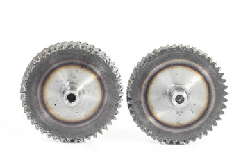 Metal gears on white background.