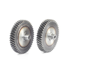 Metal gears on white background.