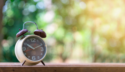The clock in a garden with sun rays light and lens flare. - Time ever stop concept.