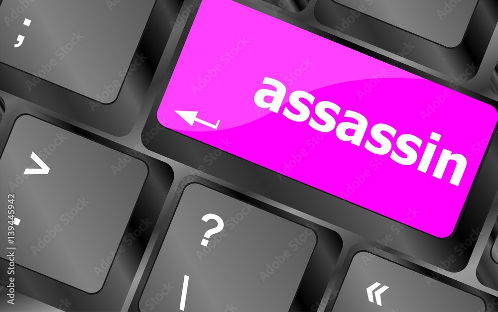 Poster assassin word on computer pc keyboard key