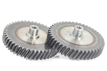 Metal gears on white background.