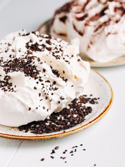 Large meringue with chocolate crumbs on a plate close up