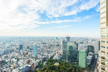Business and culture concept - panoramic modern city skyline bird eye aerial view with Tokyo Metropolitan Government Building under dramatic sun and morning blue cloudy sky in Tokyo, Japan