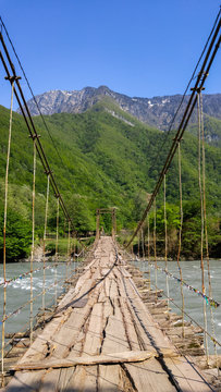 Suspension bridge over the river Bzyb in Abkhazia. 