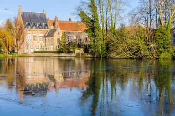 Fototapeta na wymiar Reflection in the lake in Minnewater, Bruges, Belgium