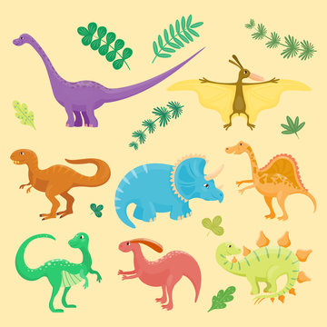 Cartoon dinosaurs vector illustration isolated monster animal dino prehistoric character reptile predator jurassic fantasy dragon leaf