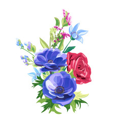 Bouquet of blue and red flowers: rose, anemone, forget-me-not, buds, stems and leaves on white background, digital draw, watercolor painting style, botanical illustration, vector