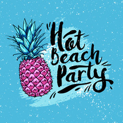 poster hot beach party with pink pineapple on a blue background. Design elements. Vector illustration.