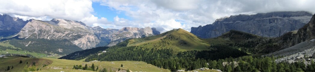 Impressive panorama view on Val gardena and famous mountains in the dolomite alps (sella stock, Italy)