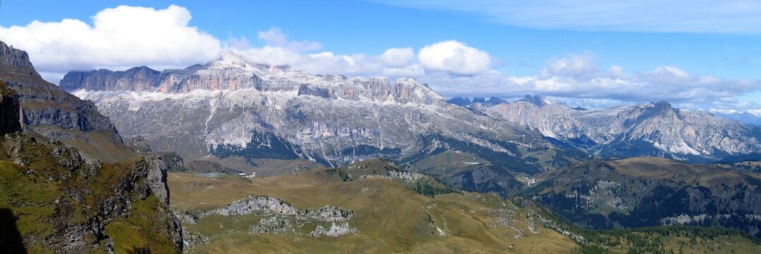 Impressive panorama view on famous mountains in the dolomite alps (sella stock, Italy)