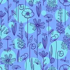 Seamless pattern made of decorative flowers and plants with dragonfly and butterfly, nature of wild field and meadow. Vector sketch in blue with circles on background.