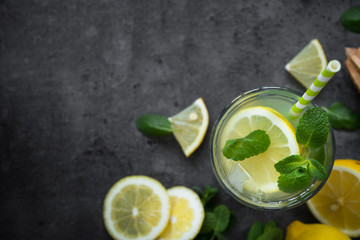 Lemonade Traditional Summer drink. Top view dark background