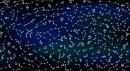 Vector. Seamless pattern for decoration, design. Astronomy different constellations  on a deep space gradient background. Zodiac sign of the bright stars. Glowing lines and points. Star chart, map