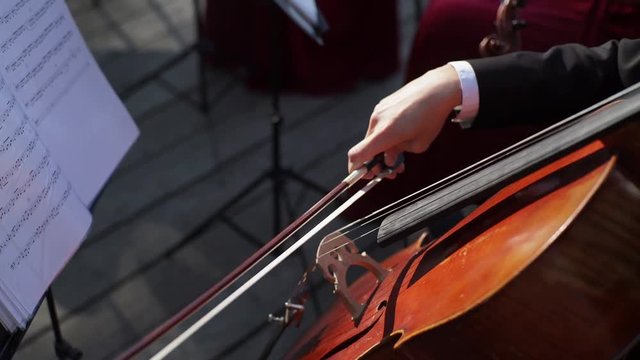 Man playing cello outdoors at sunny day