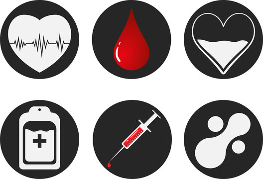 Blood Donation Icon Set. Heart, blood, drop, counter, syringe and mataball molecule. Vector illustration EPS 10.