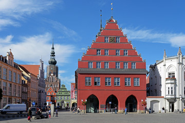 Markt, Rathaus und Dom von Greifswald - obrazy, fototapety, plakaty