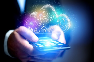 Concept of cloud storage icon flying out a smartphone - technology concept