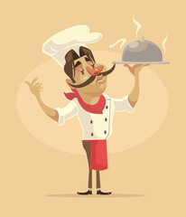 Chef man character hold dish. Vector flat cartoon illustration