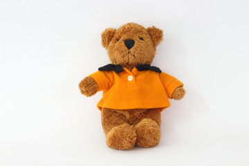 Teddy bear wearing an orange on a white background.