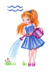 Girl watering flowers from watering cans, Aquarius horoscope, watercolor illustration.