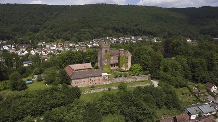 The Mittelburg with the romantic Village "Neckarsteinach" at the river "Neckar", Neckarsteinach, Germany, aerial, Jun 2016
