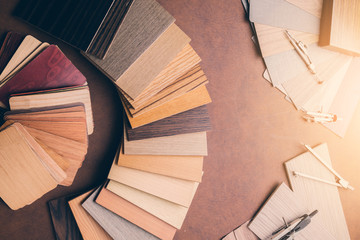 design concept with material sample with stone laminate veneer wooden pencil with free copy space for your creativity ideas text