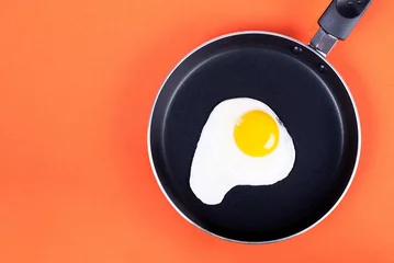 Photo sur Aluminium Oeufs sur le plat oeufs au plat dans une casserole d& 39 un oeuf sur fond orange