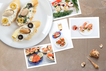 Beautiful snapshots of various italian sandwiches with seafood arranged on rustic wooden background with plates with food and seashells