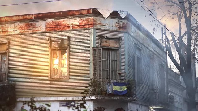 Conventillo Facade in La Boca with Flags of Argentina and Boca Juniors, Buenos Aires, Argentina