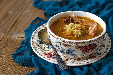 Tomato soup with bulgur carrot and smoked ribs