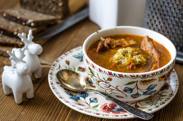 Tomato soup with bulgur carrot and smoked ribs