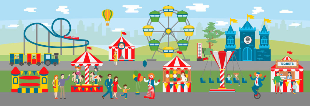 Amusement park illustration. Circus and ferris, fun fair and roller coaster. Parents and children have fun. Kids ride on carousels.