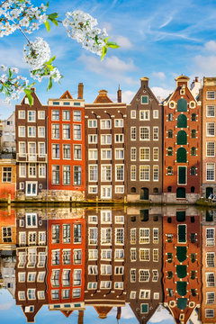 Traditional old buildings in Amsterdam at spring, the Netherlands