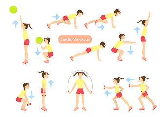 Fototapeta na wymiar Exercises for kids set. Workout for girls. Cardio exercises with weights, jumping rope and ball. Healthy lifestyle for children.