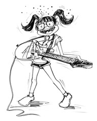 Obraz na płótnie Canvas Cartoon character design girl acting to playing electric guitar feeling fun, Pencil sketch hand drawing black and white.