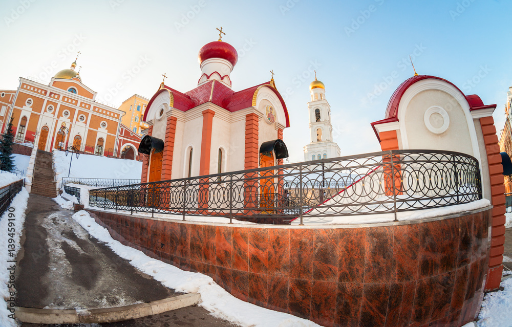 Poster Russian orthodox church. Iversky monastery in Samara, Russia