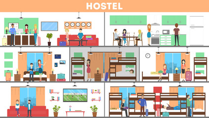 Hostel interior set. Rooms and kitchen and visitors. Cheap hotel.