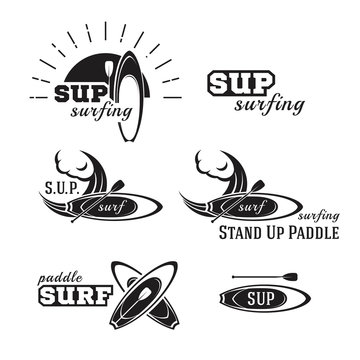 Stand up paddle. Sup surfing signs, logos