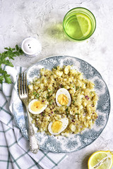 Quinoa salad with cauliflower and boiled eggs.Top view.