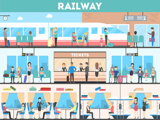 Railway station interior set. Buying tickets, waiting room and traveling on train.