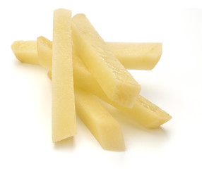 Raw Potato sliced strips prepared for French fries isolated on white background