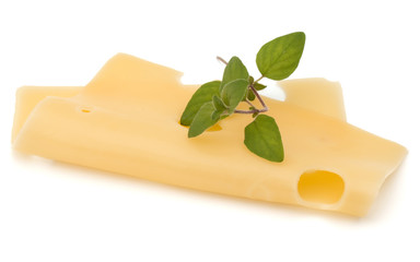 Cheese slice with oregano isolated on white background